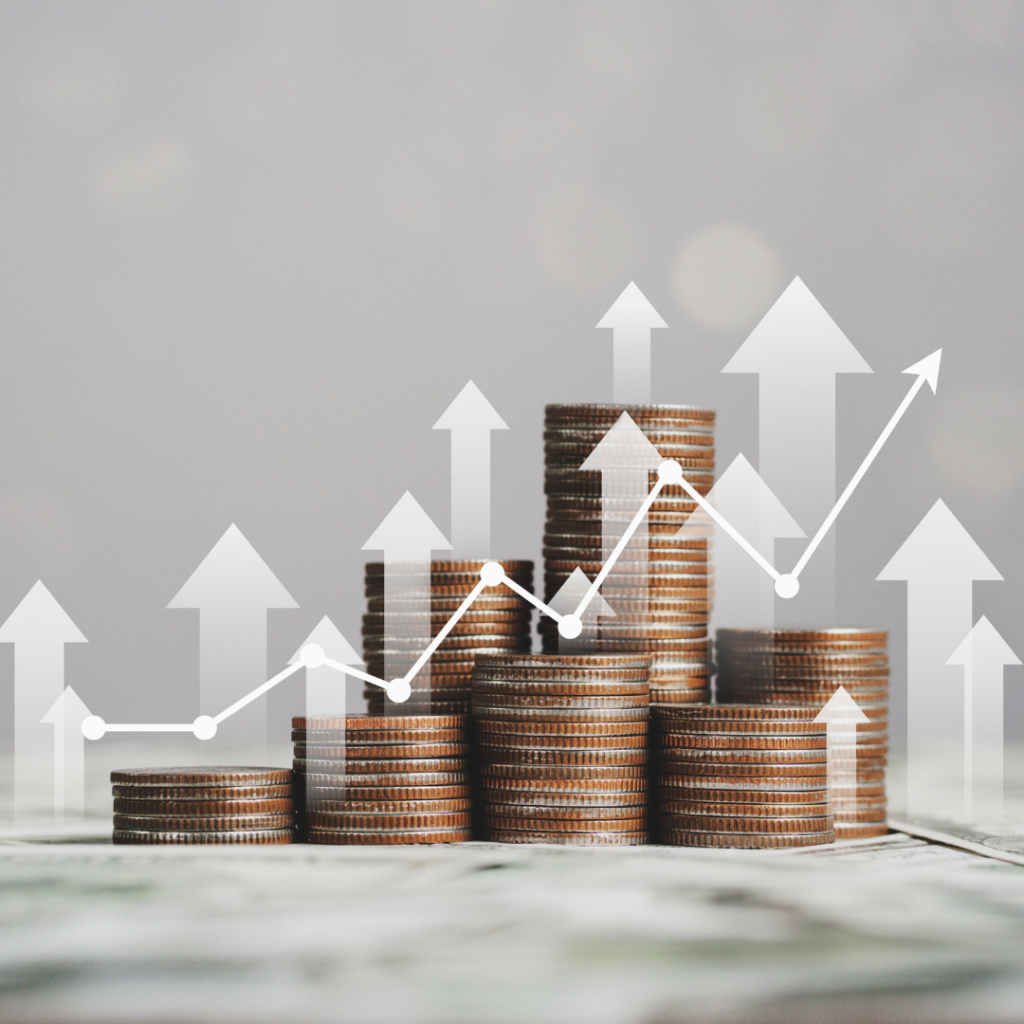 Stack of silver coins with increase chart to show rise in home equity